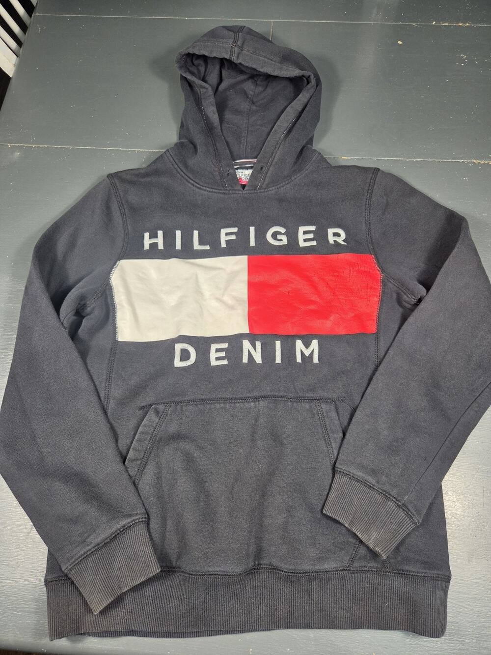 Tommy Hilfiger Vintage Denim Hoodie Black Flag Logo Pullover Sweatshirt Size S